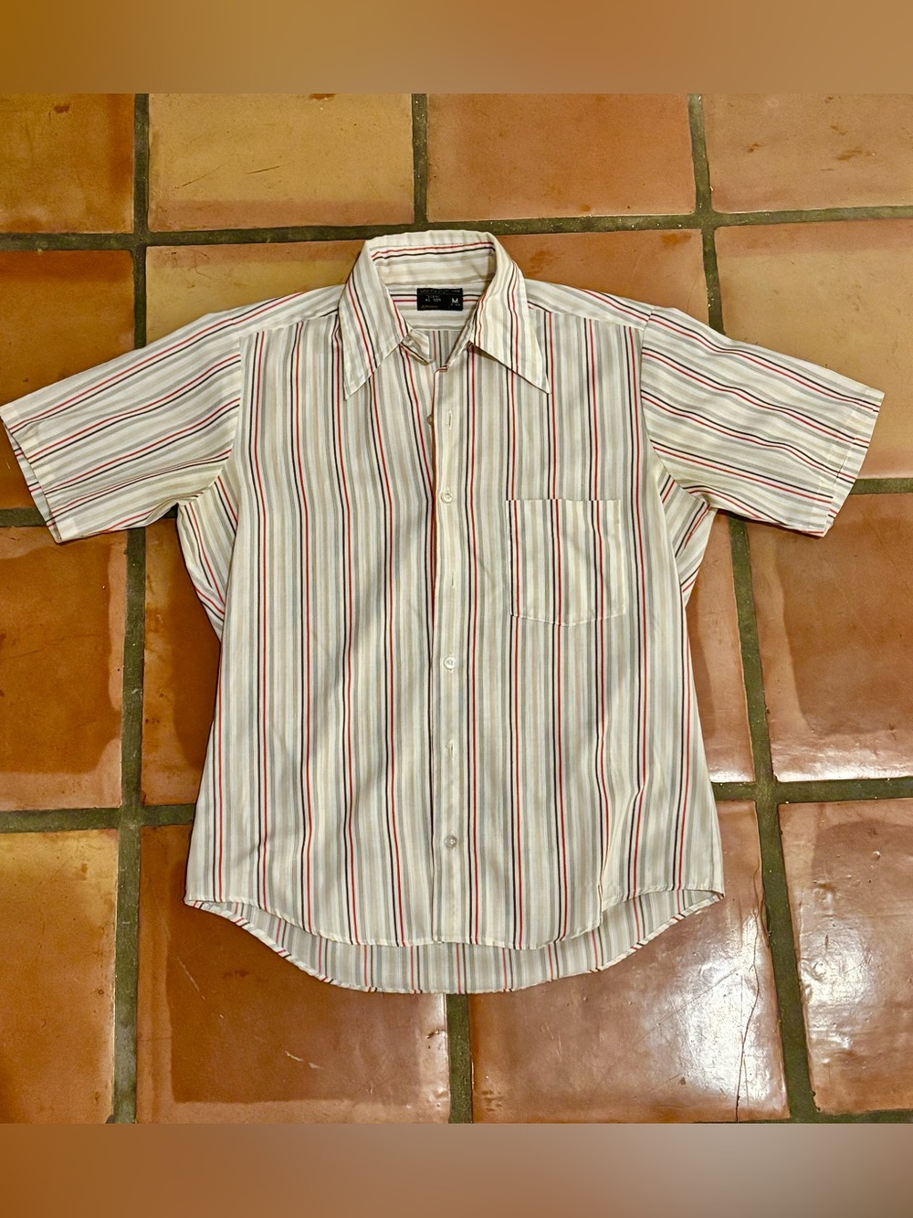 Retro 70’s White Short-Sleeve Button-Down Shirt with Red & Blue Stripes